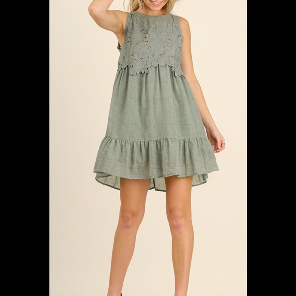 Umgee Sage Green Crochet Yoke Ruffle Hem Sundress